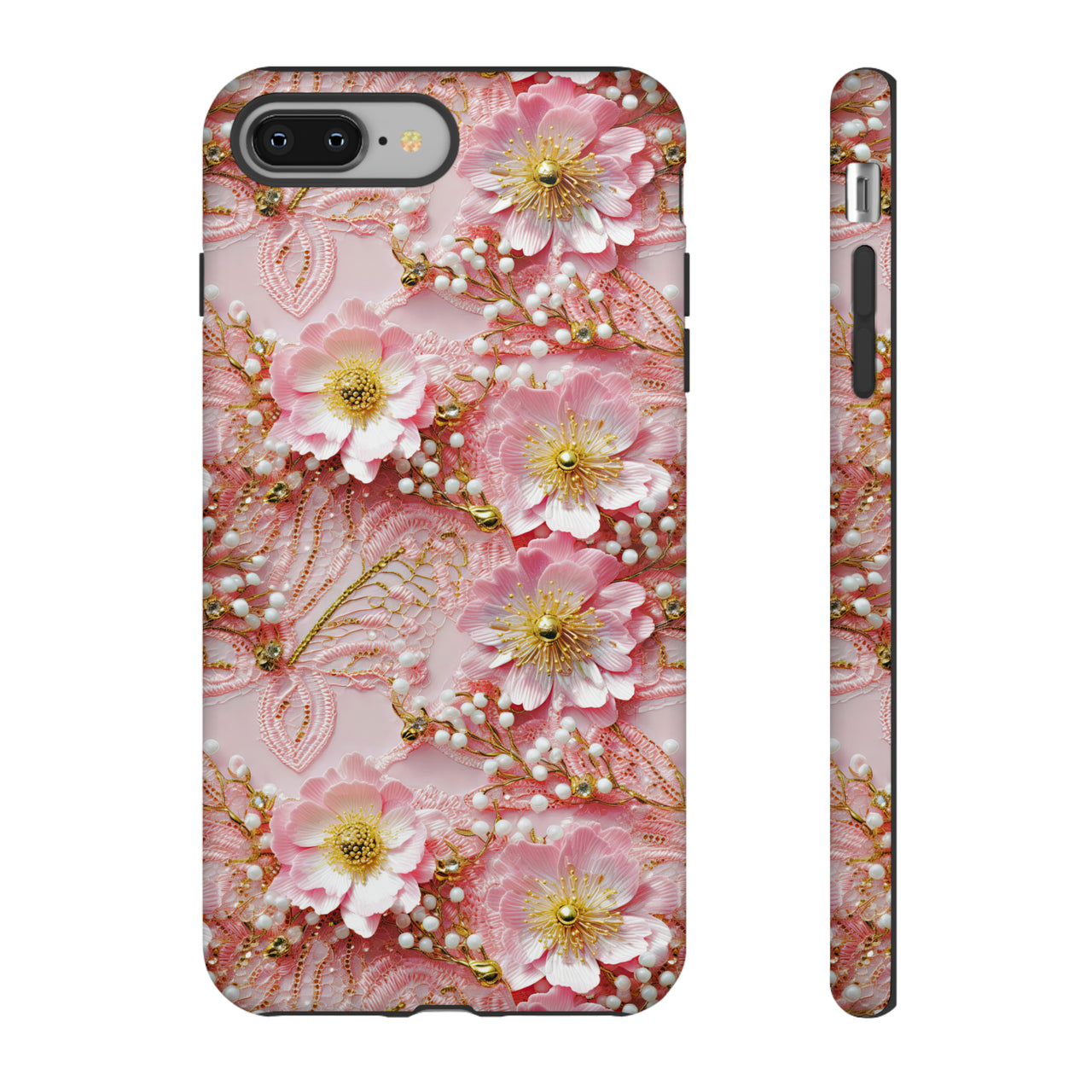 Gold-Kissed Flowers on Pink Lace - Tough Cases for iPhone 8 and iPhone 8 Plus