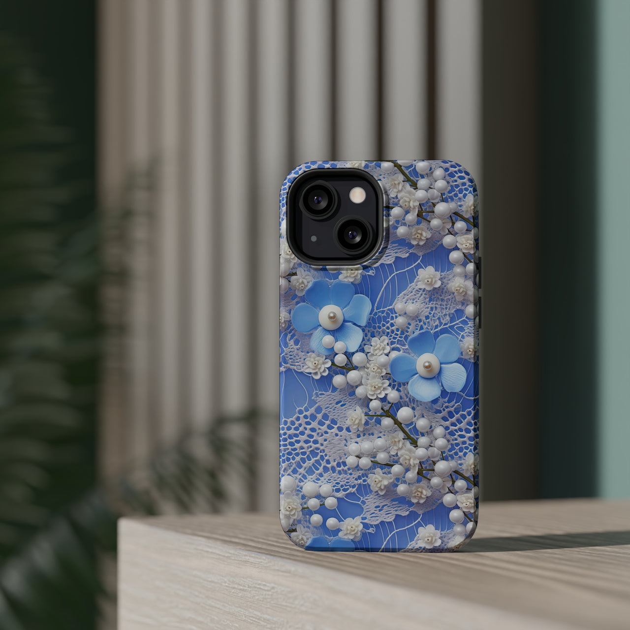 Pearls and Lace on Baby Blue - MagSafe Tough Cases for iPhone 13, iPhone 13 Mini, iPhone 13 Pro, and iPhone 13 Pro Max.