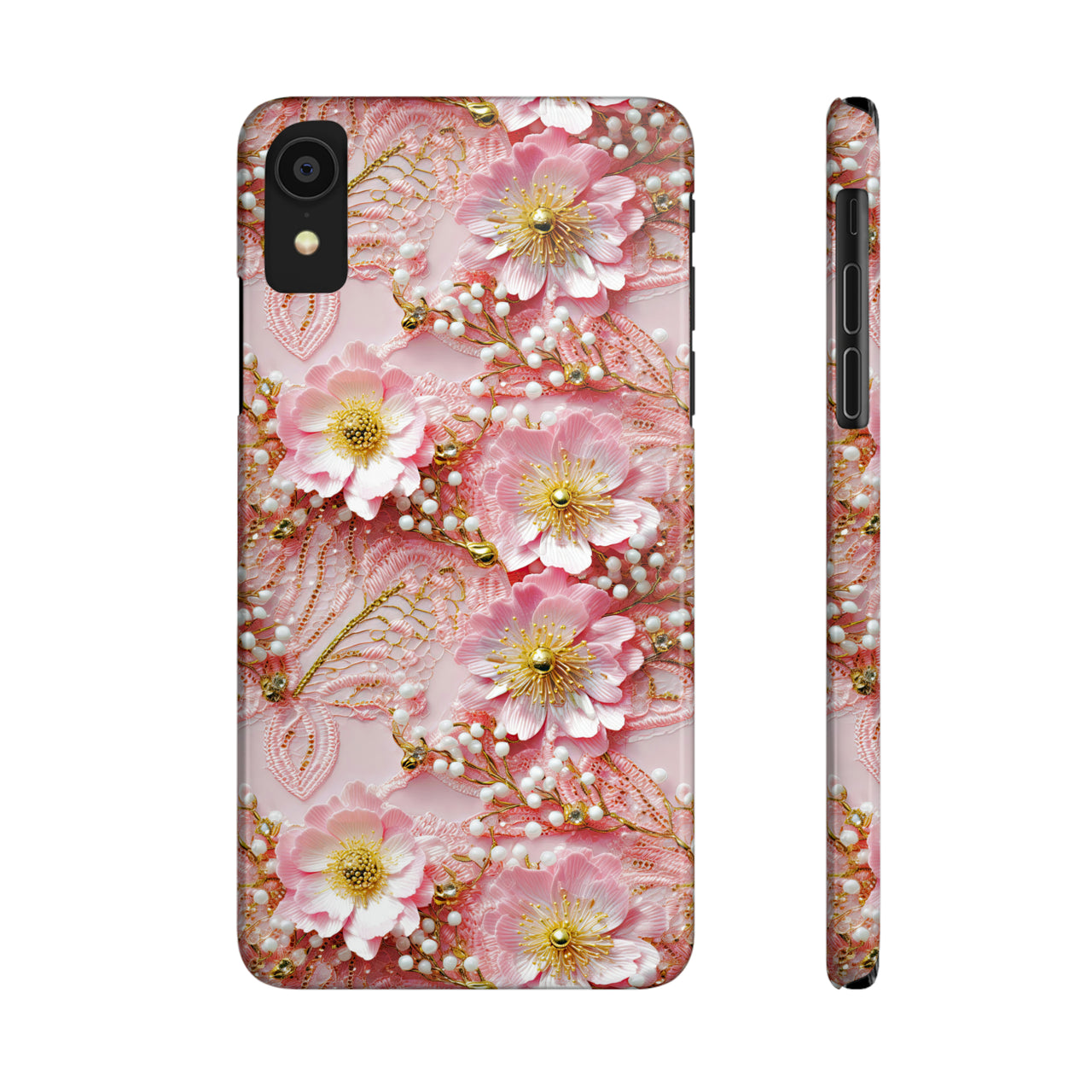 Gold-Kissed Flowers on Pink Lace - Slim Phone Cases for iPhone X, iPhone XR, iPhone XS, and iPhone XS MAX