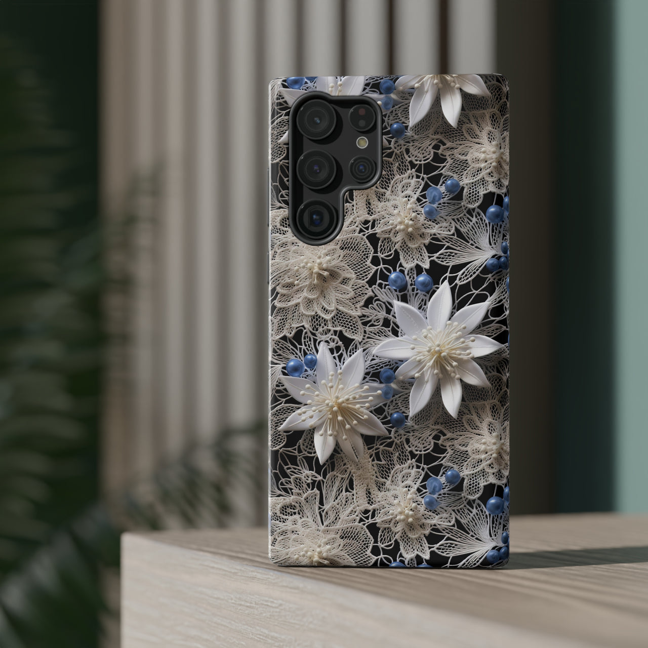 Vintage Lace and Clematis Impact-Resistant Cases for Samsung Galaxy S22, Samsung Galaxy S22 Plus, and Samsung Galaxy S22 Ultra. Supports Wireless Charging.