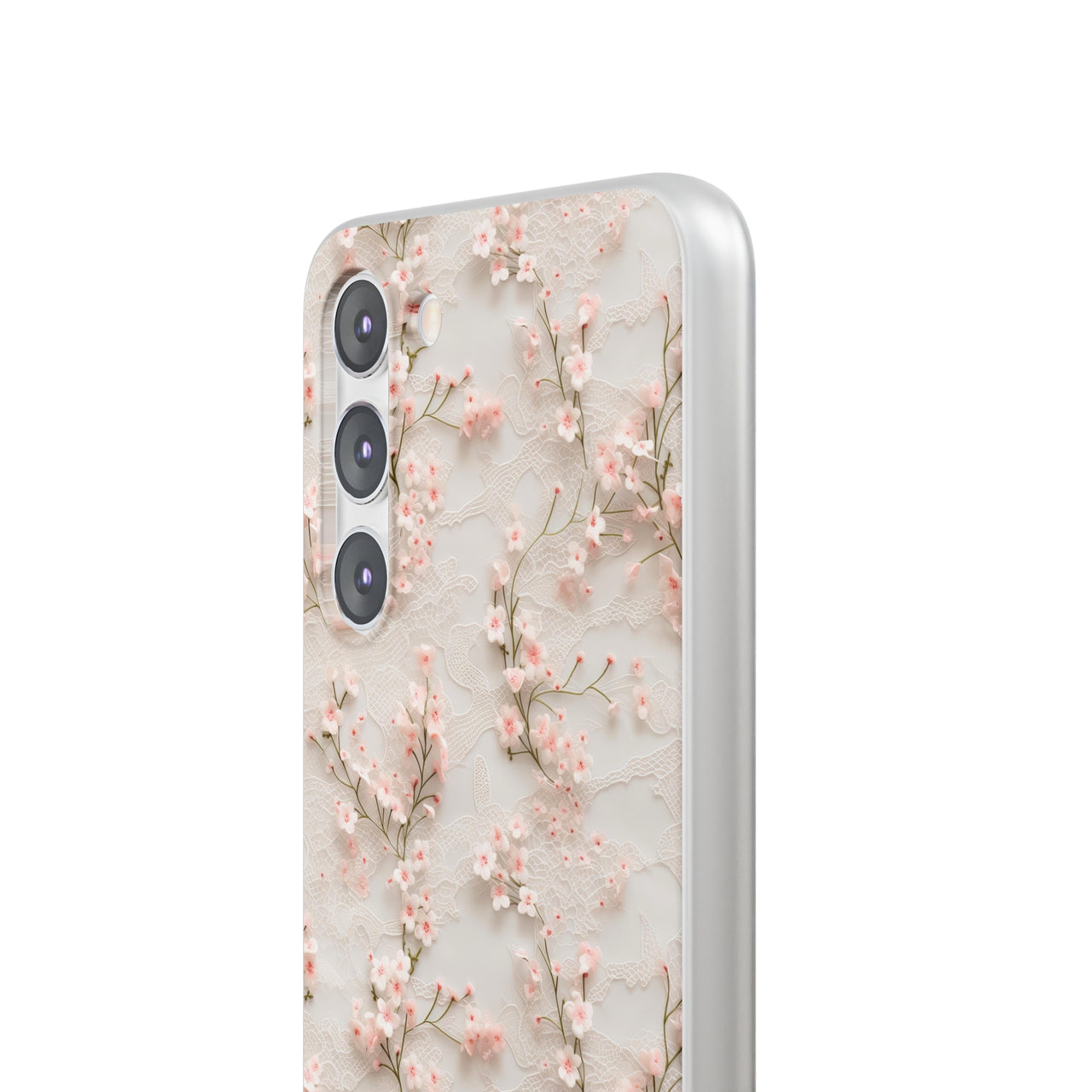 White Lace and Cherry Blossoms - Flexi Cases for Samsung Galaxy S23, Samsung Galaxy S23 Plus, and Samsung Galaxy S23 Ultra