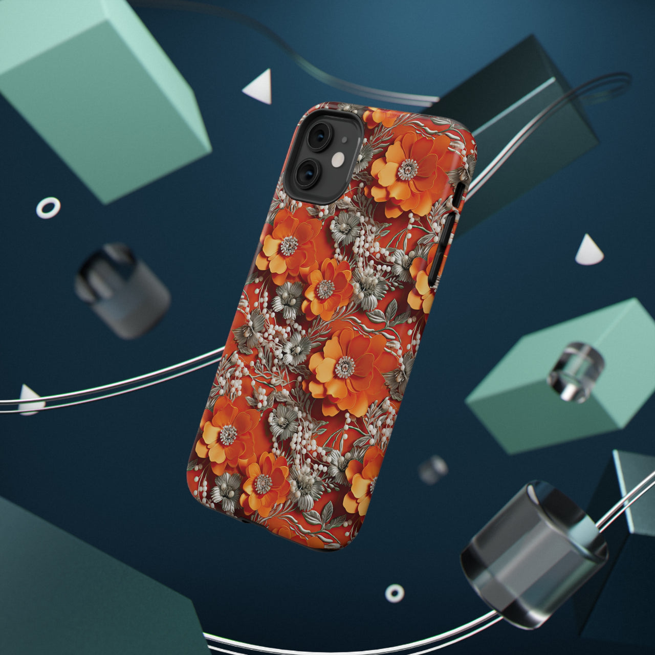 Orange Petals in Silver Tapestry Impact-Resistant Cases for iPhone 11, iPhone 11 Pro, and iPhone 11 Pro Max. Supports Wireless Charging.