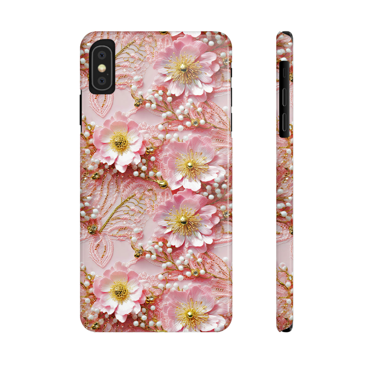 Gold-Kissed Flowers on Pink Lace - Slim Phone Cases for iPhone X, iPhone XR, iPhone XS, and iPhone XS MAX