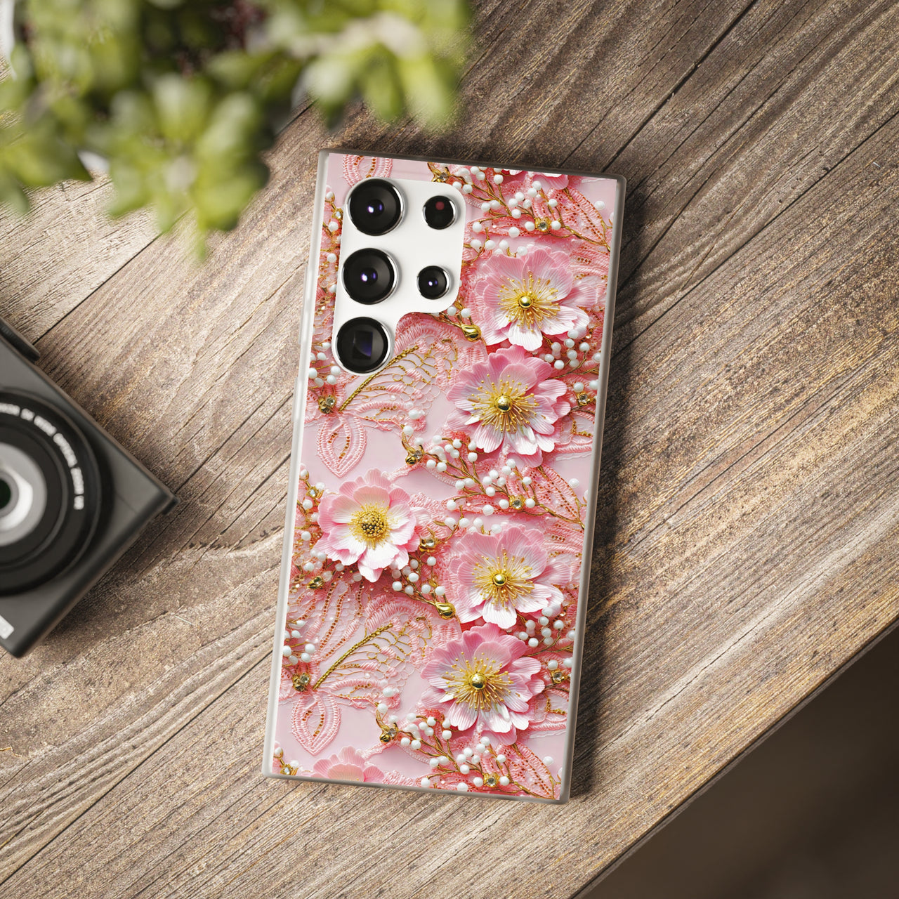 Gold-Kissed Flowers on Pink Lace - Flexi Cases for Samsung Galaxy S23, Samsung Galaxy S23 Plus, & Samsung Galaxy S23 Ultra