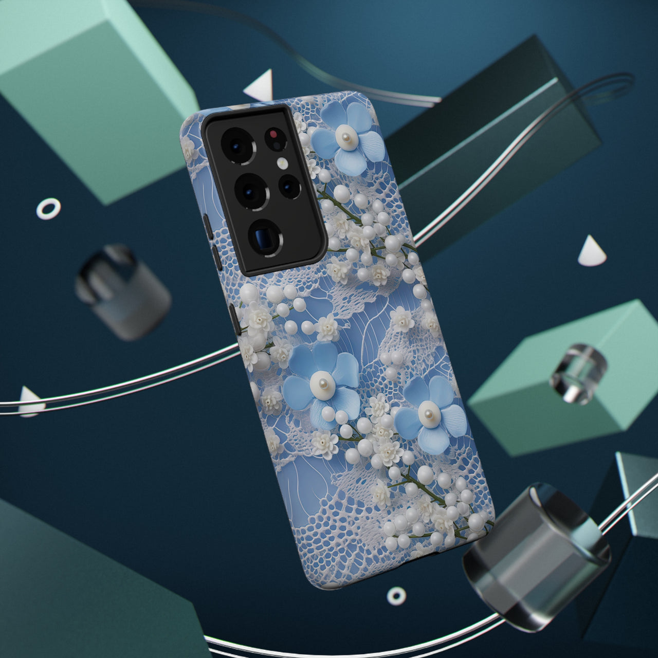 Pearls and Lace on Baby Blue - Impact-Resistant Case for Samsung Galaxy S21, Samsung Galaxy S21 Plus, and Samsung Galaxy S21 Ultra. Supports Wireless Charging.