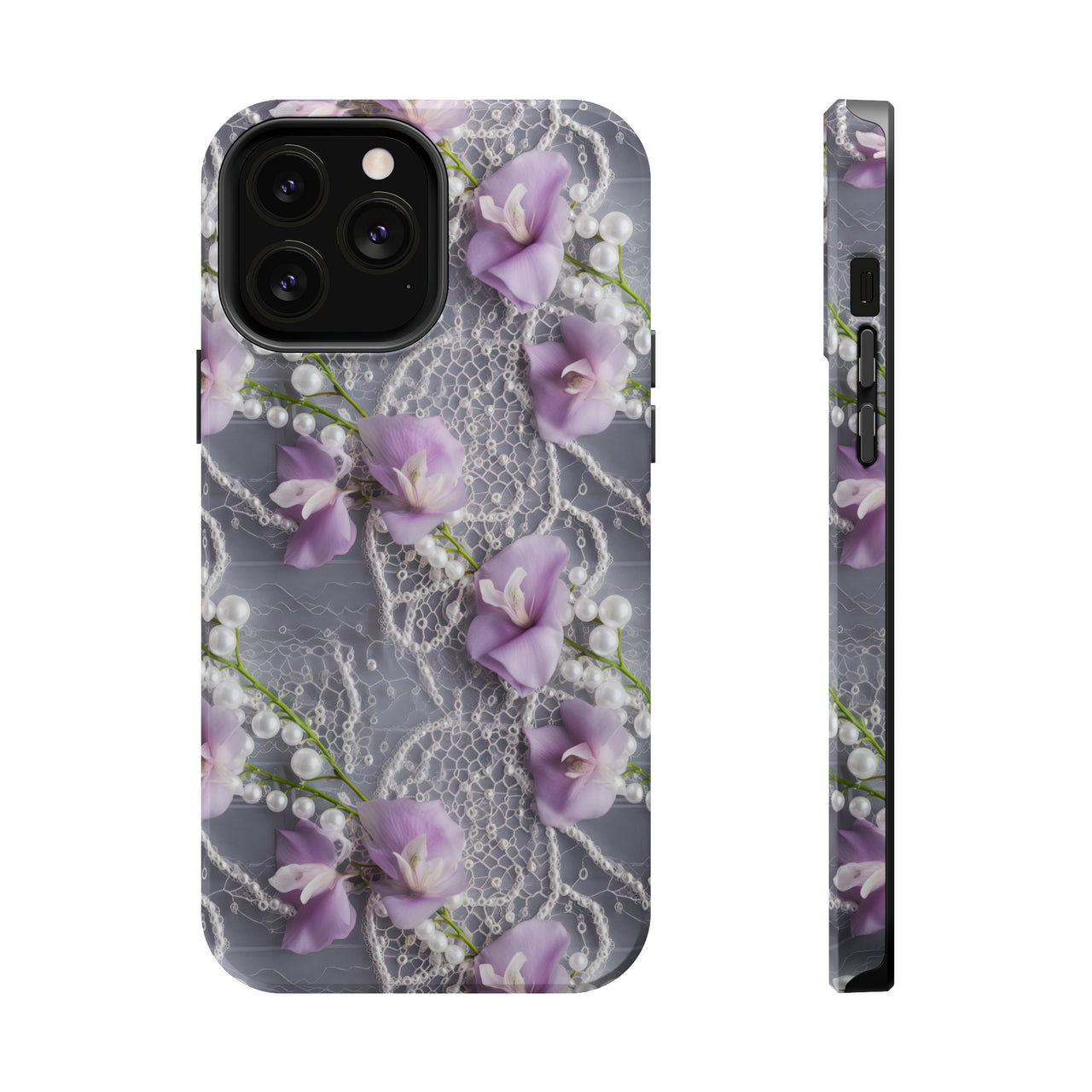 Purple Sweet Pea MagSafe Tough Cases for iPhone 13, iPhone 13 Mini, iPhone 13 Pro, and iPhone 13 Pro Max.