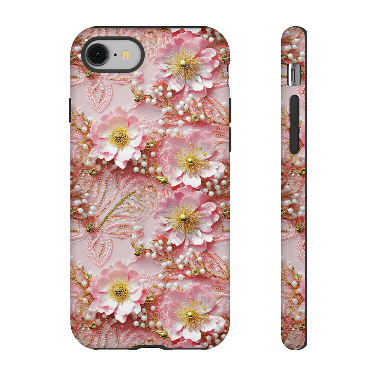 Gold-Kissed Flowers on Pink Lace - Tough Cases for iPhone 8 and iPhone 8 Plus