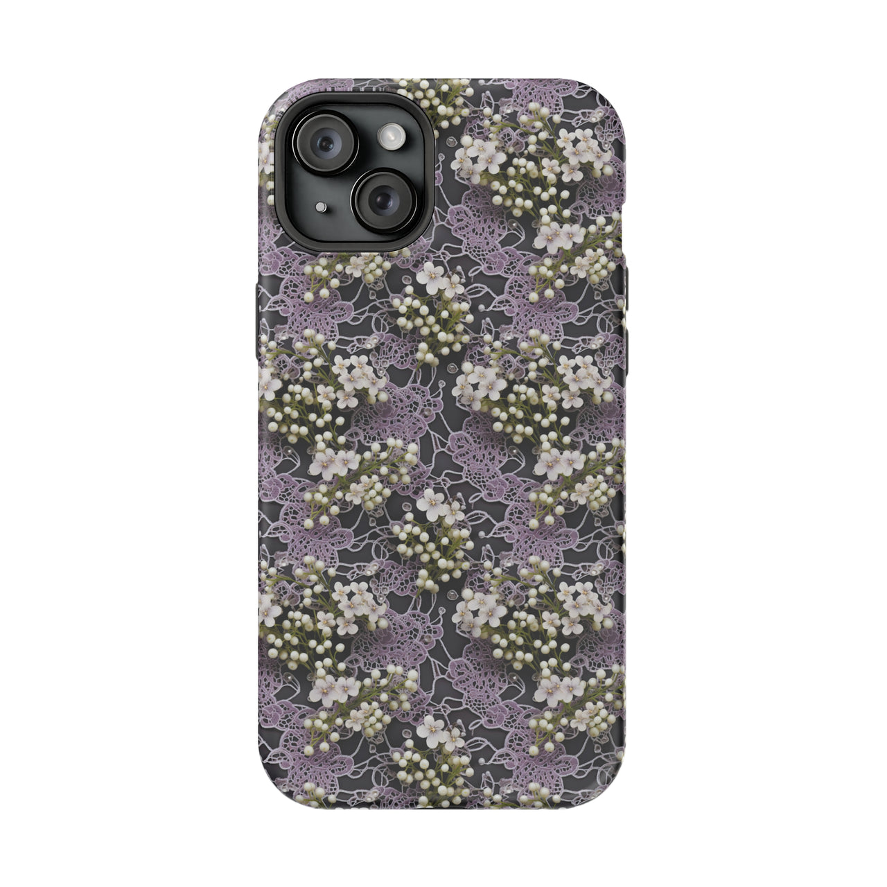 White Flowers on a Purple Bed - MagSafe Tough Case for iPhone 15, iPhone 15 Pro, iPhone 15 Plus, & iPhone 15 Pro Max