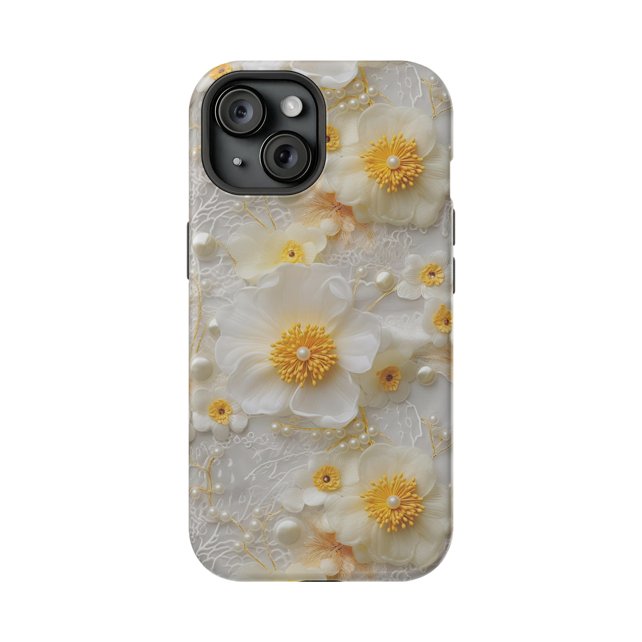 White and Yellow Floral - MagSafe Tough Case for iPhone 15, iPhone 15 Pro, iPhone 15 Plus, & iPhone 15 Pro Max