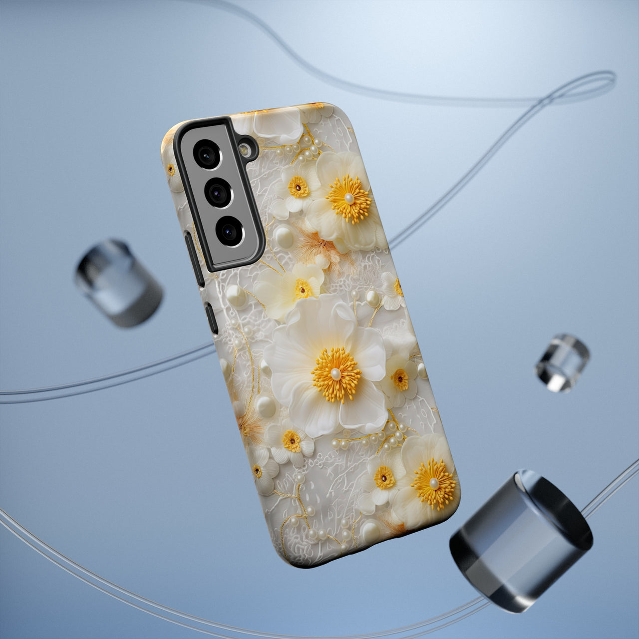 White and Yellow Floral Impact-Resistant Cases for Samsung Galaxy S22, Samsung Galaxy S22 Plus, and Samsung Galaxy S22 Ultra. Supports Wireless Charging.