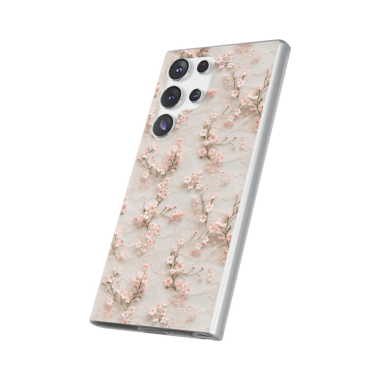 White Lace and Cherry Blossoms - Flexi Cases for Samsung Galaxy S23, Samsung Galaxy S23 Plus, and Samsung Galaxy S23 Ultra