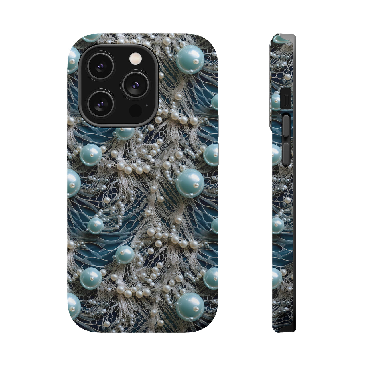 Sea Foam Lace and Pearls MagSafe Tough Cases for iPhone 14, iPhone 14 Pro, iPhone 14 Plus, and iPhone 14 Pro Max