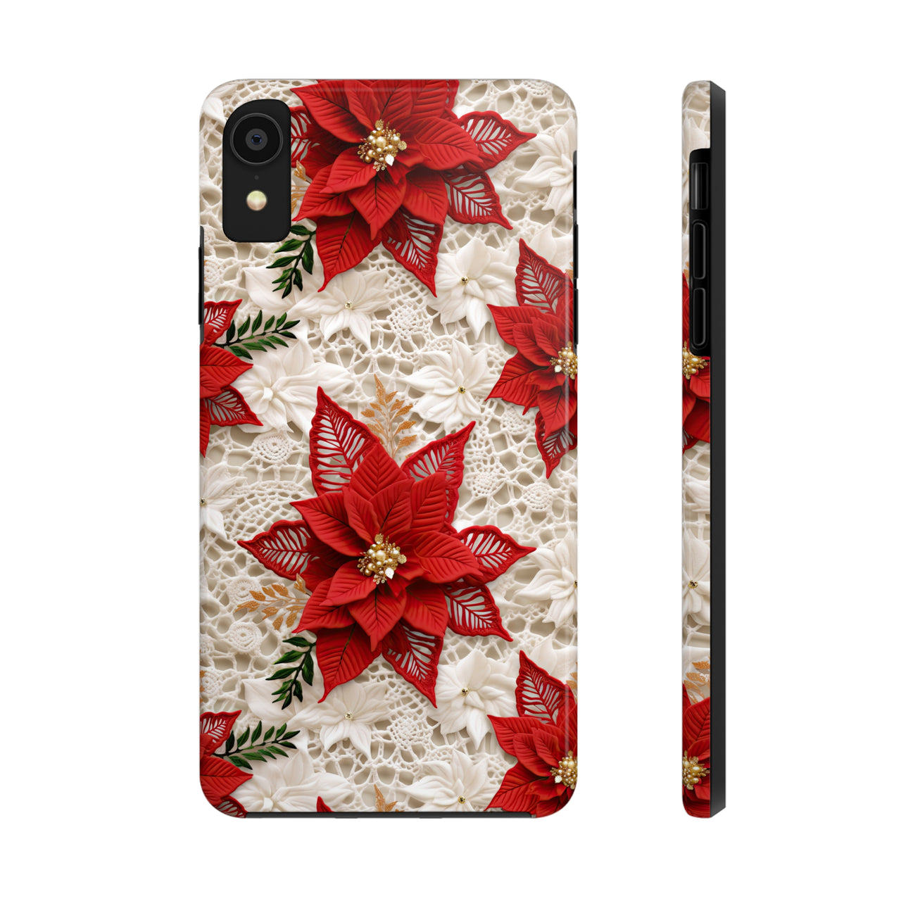 Christmas Poinsettia Tough Phone Cases for iPhone X, iPhone XR, iPhone XS, and iPhone XS MAX. Supports Wireless Charging.