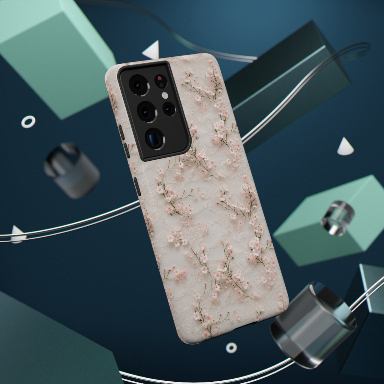 White Lace and Cherry Blossoms Impact-Resistant Cases for Samsung Galaxy S21, Samsung Galaxy S21 Plus, and Samsung Galaxy S21 Ultra. Supports Wireless Charging.