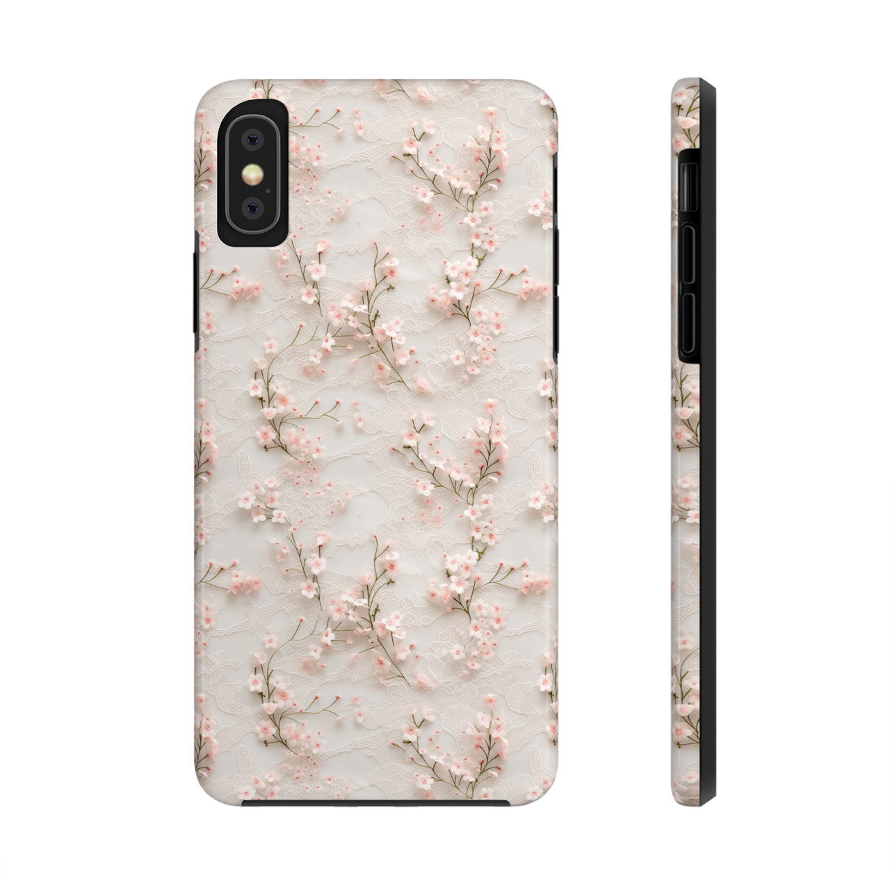 White Lace and Cherry Blossoms Tough Phone Case for iPhone X, iPhone XR, iPhone XS, and iPhone XS MAX. Supports Wireless Charging.