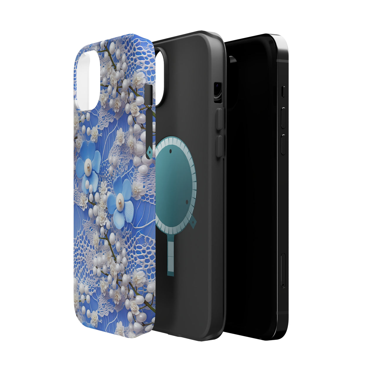 Pearls and Lace on Baby Blue - MagSafe Tough Cases for iPhone 14, iPhone 14 Pro, iPhone 14 Plus, and iPhone 14 Pro Max