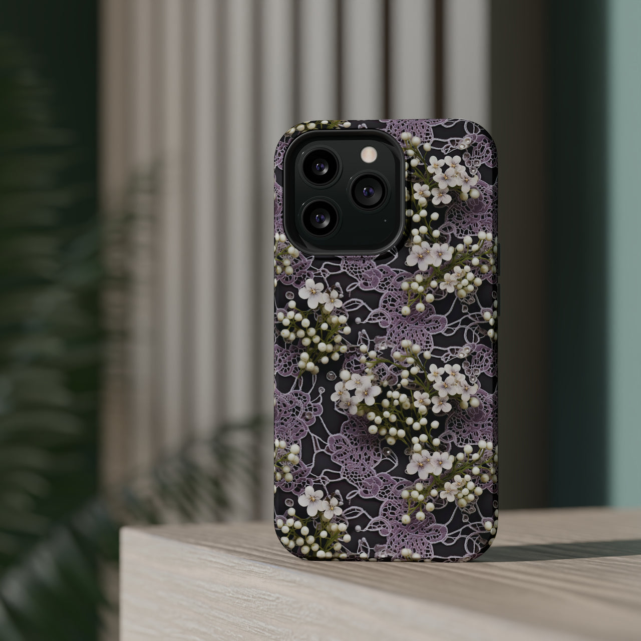 White Flowers on a Purple Bed - MagSafe Tough Cases for iPhone 13, iPhone 13 Mini, iPhone 13 Pro, and iPhone 13 Pro Max.