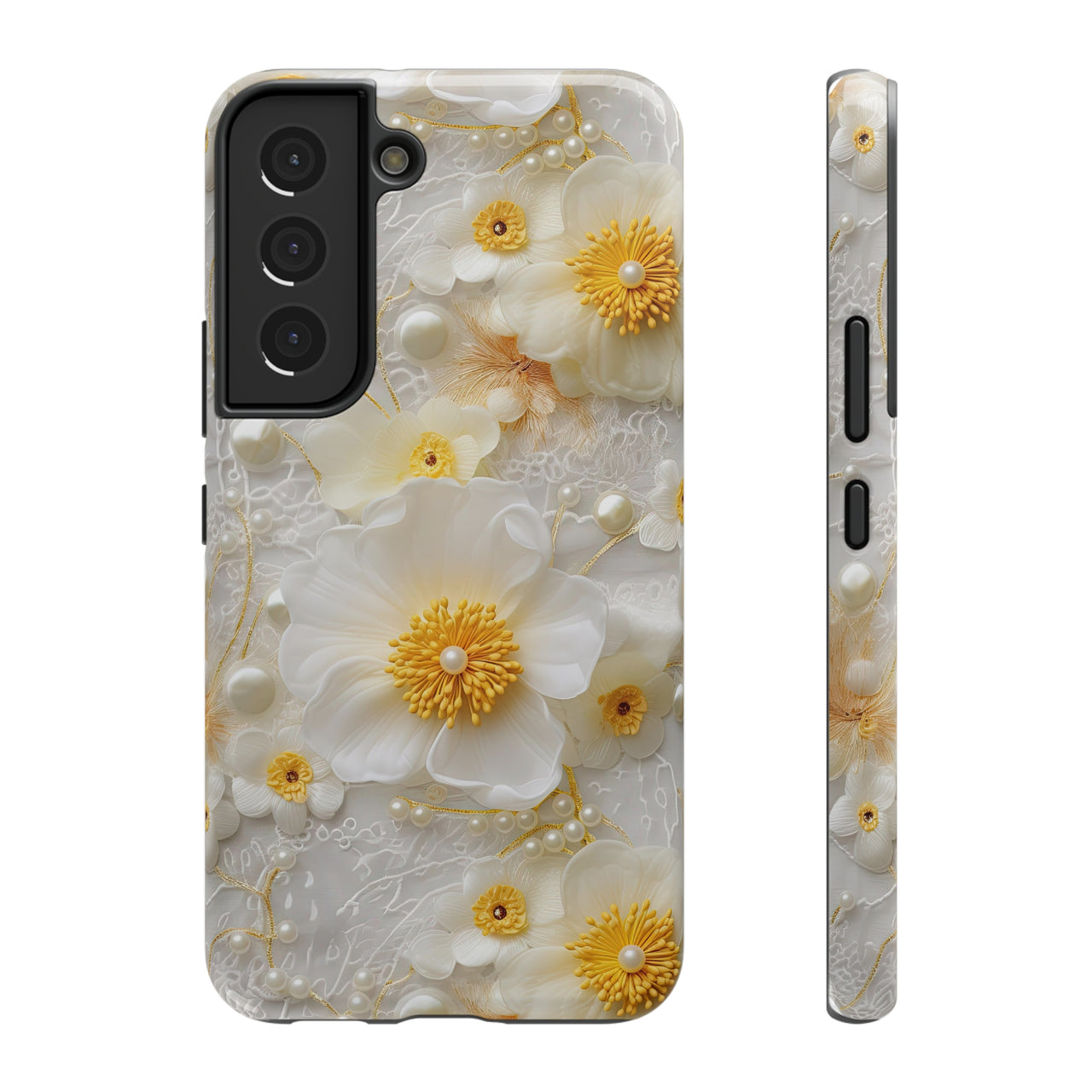 White and Yellow Floral Impact-Resistant Cases for Samsung Galaxy S22, Samsung Galaxy S22 Plus, and Samsung Galaxy S22 Ultra. Supports Wireless Charging.