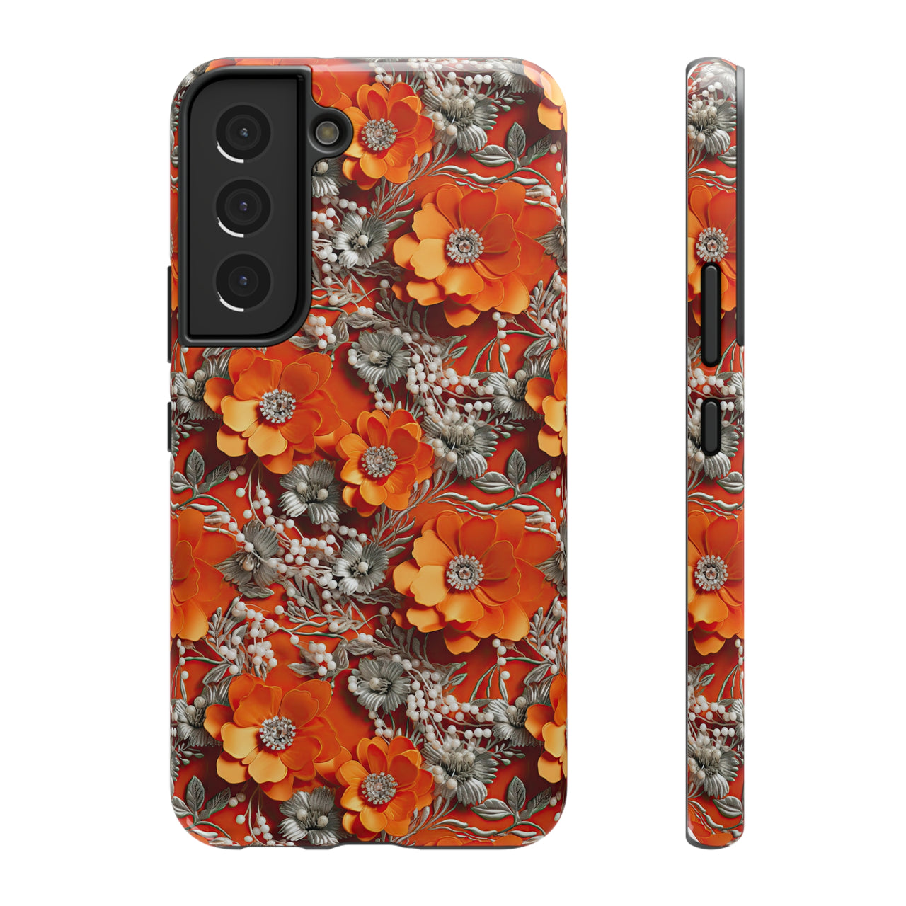 Orange Petals in Silver Tapestry Impact-Resistant Case for Samsung Galaxy S22, Samsung Galaxy S22 Plus, and Samsung Galaxy S22 Ultra. Supports Wireless Charging.