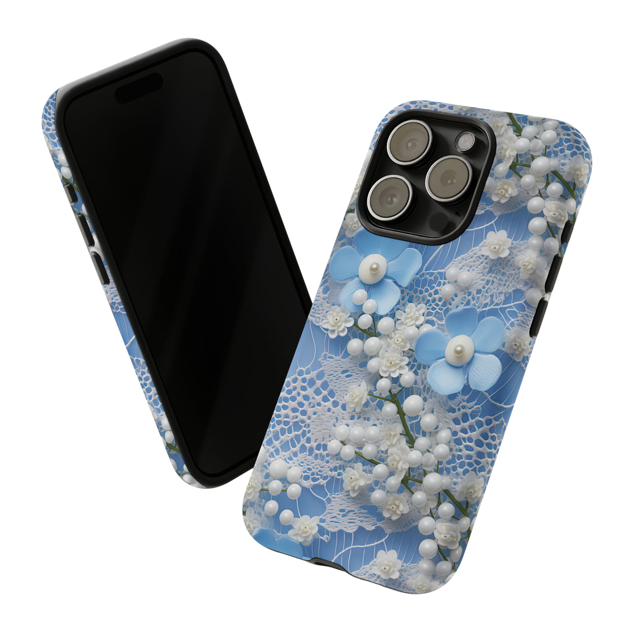 Pearls and Lace on Baby Blue - Tough Case for iPhone 15, iPhone 15 Pro, iPhone 15 Plus, and iPhone 15 Pro Max