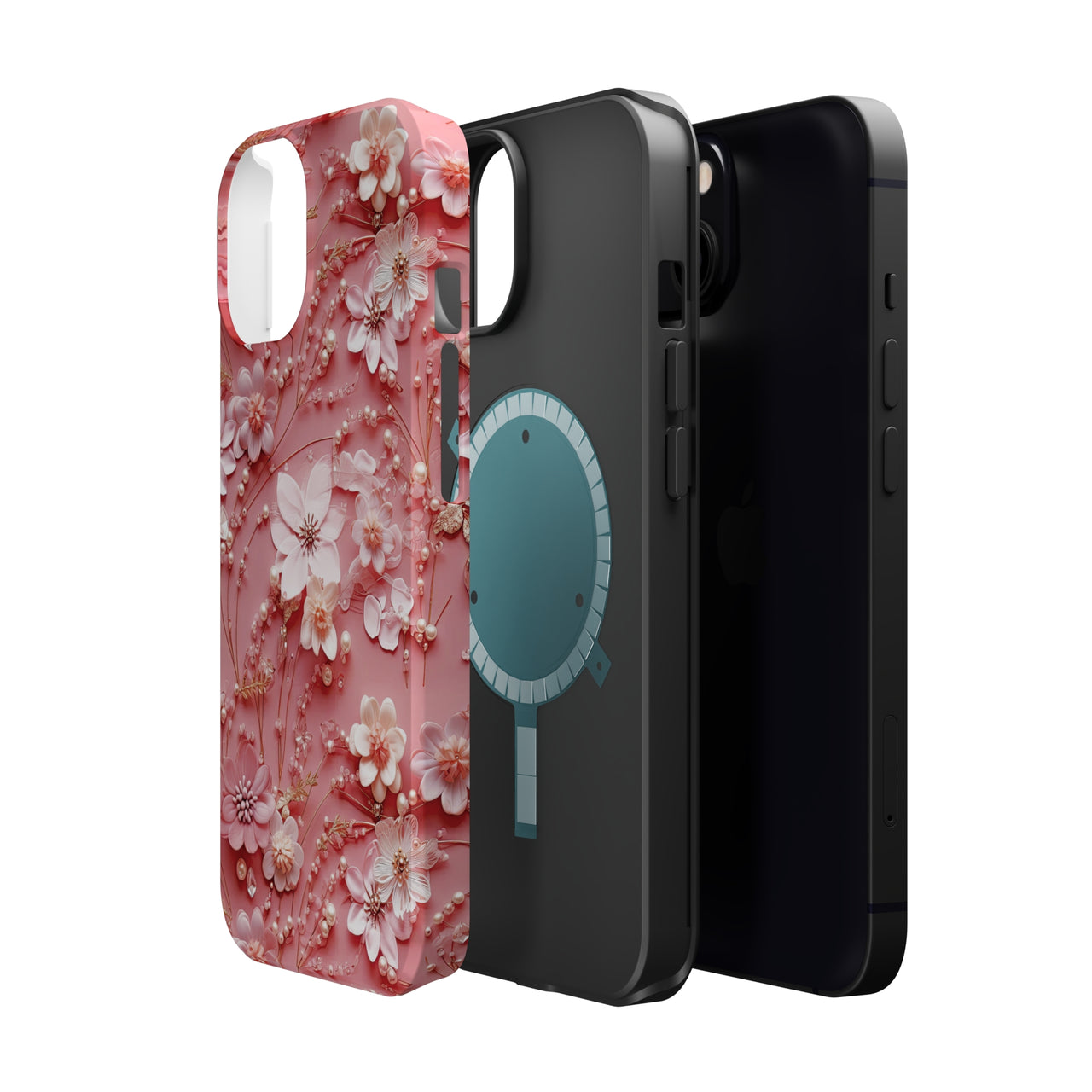 Floral Champagne Toast MagSafe Tough Cases for iPhone 13, iPhone 13 Mini, iPhone 13 Pro, and iPhone 13 Pro Max.