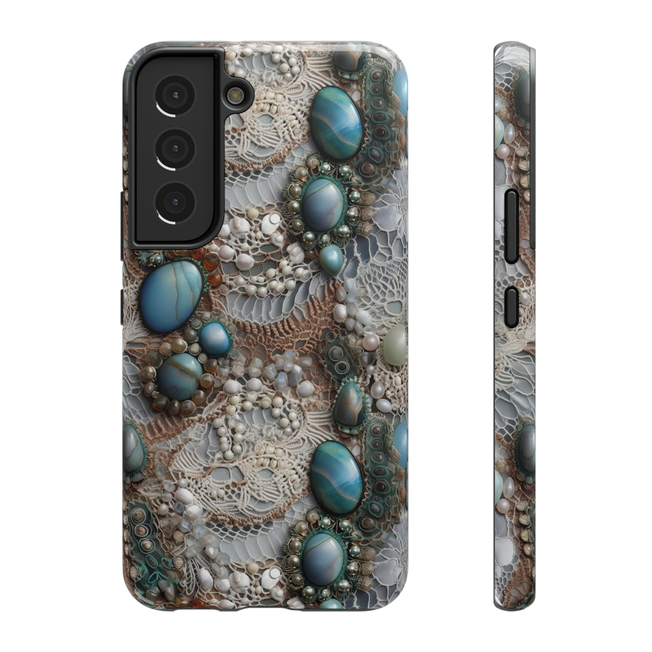 Boho Agate and Lace Impact-Resistant Cases for Samsung Galaxy S22, Samsung Galaxy S22 Plus, and Samsung Galaxy S22 Ultra. Supports Wireless Charging.