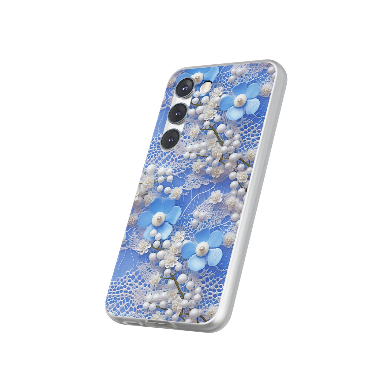 Pearls and Lace on Baby Blue - Flexi Cases for Samsung Galaxy S23, Samsung Galaxy S23 Plus, and Samsung Galaxy S23 Ultra