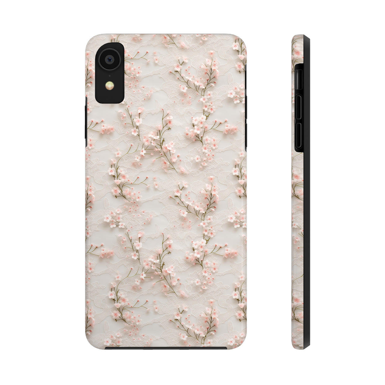 White Lace and Cherry Blossoms Tough Phone Case for iPhone X, iPhone XR, iPhone XS, and iPhone XS MAX. Supports Wireless Charging.