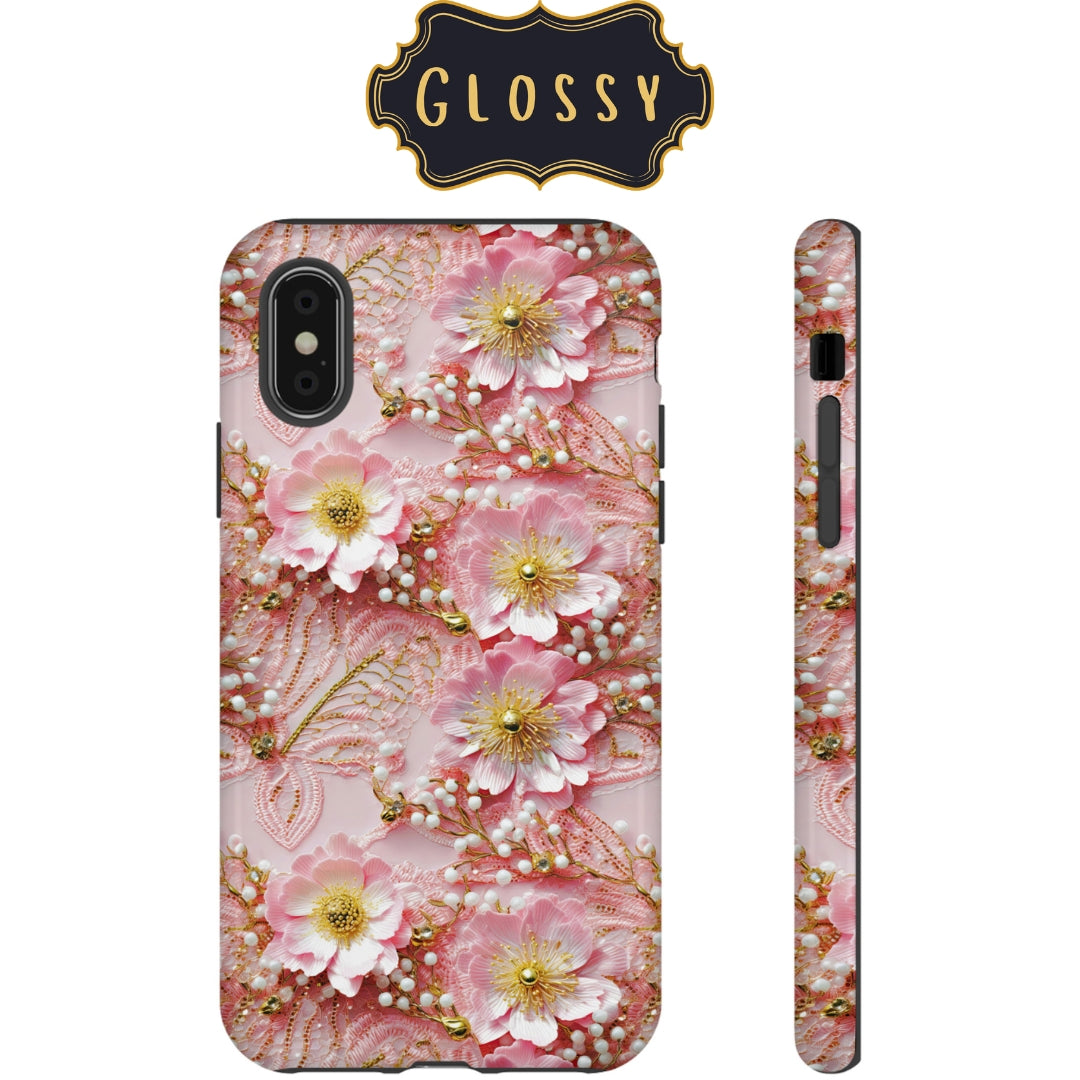 Gold-Kissed Flowers on Pink Lace - Tough Case for Samsung Galaxy S10, Samsung Galaxy S10E, and Samsung Galaxy S10 Plus