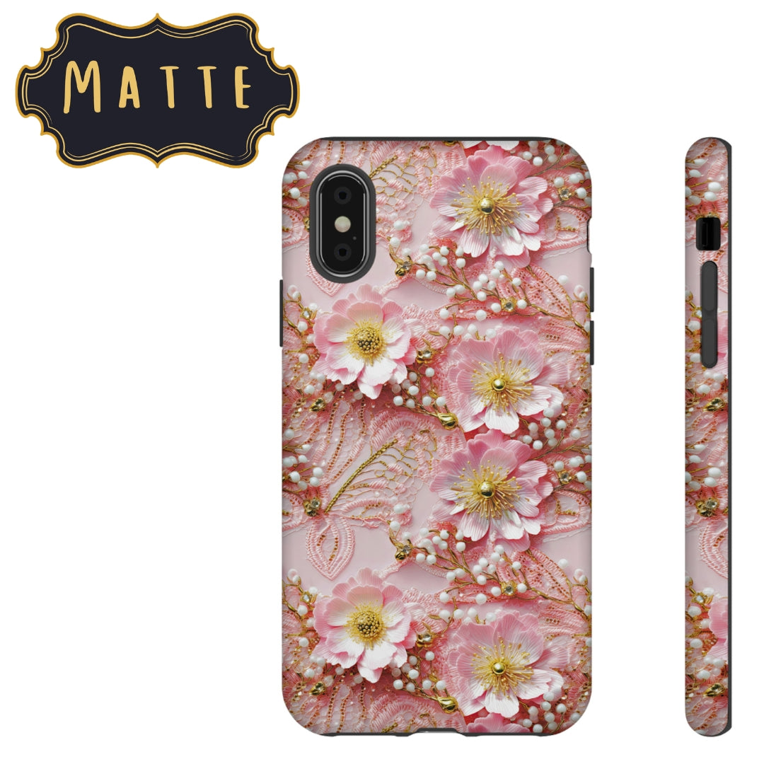 Gold-Kissed Flowers on Pink Lace - Tough Case for Samsung Galaxy S10, Samsung Galaxy S10E, and Samsung Galaxy S10 Plus