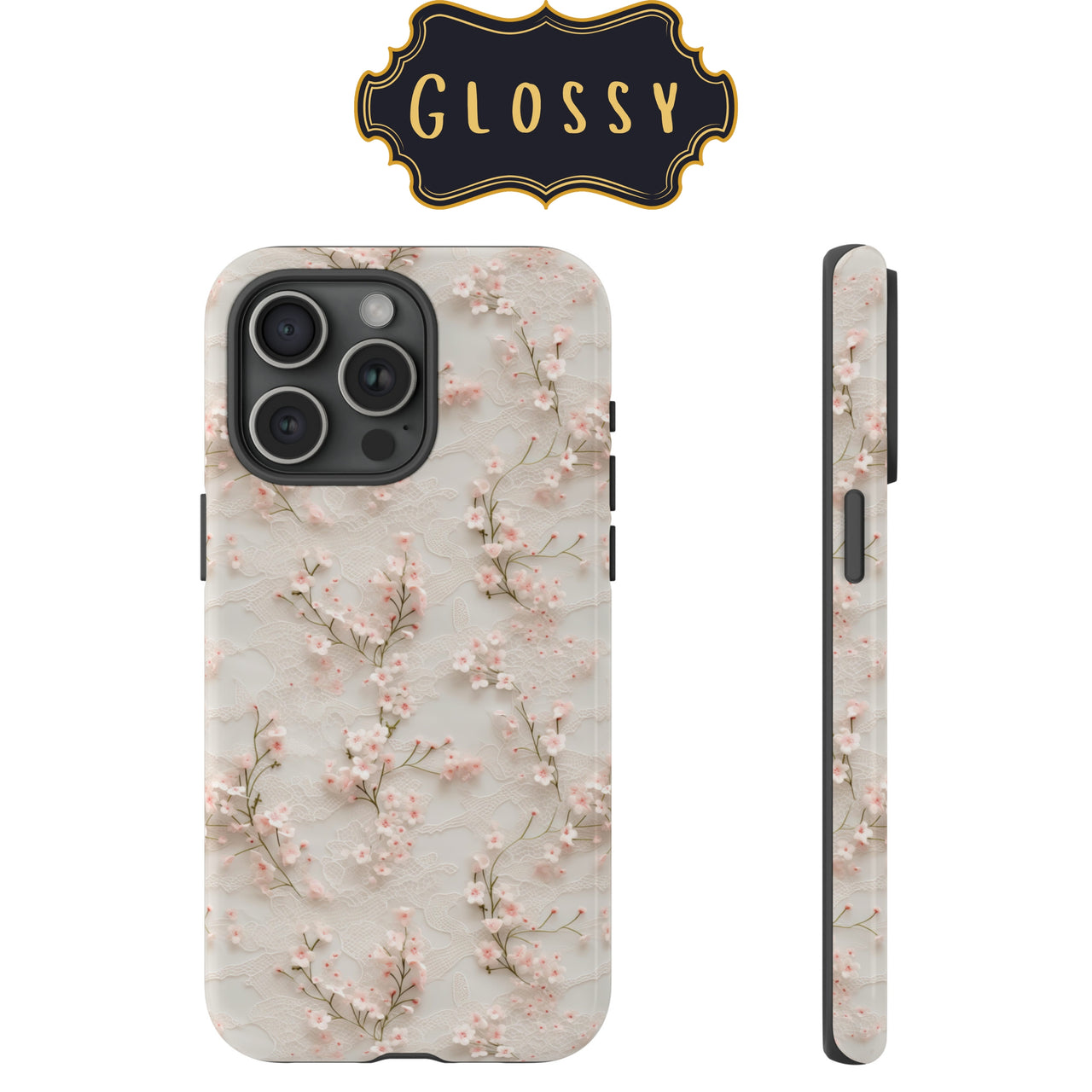 White Lace and Cherry Blossoms Impact-Resistant Cases for Samsung Galaxy S21, Samsung Galaxy S21 Plus, and Samsung Galaxy S21 Ultra. Supports Wireless Charging.