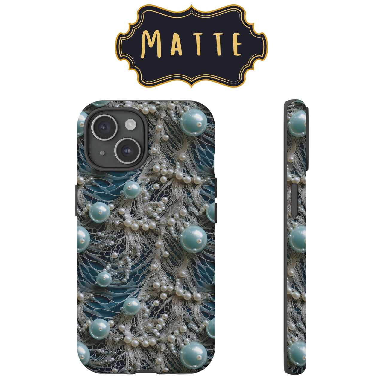 Sea Foam Lace and Pearls Impact-Resistant Cases for Samsung Galaxy S21, Samsung Galaxy S21 Plus, and Samsung Galaxy S21 Ultra. Supports Wireless Charging.