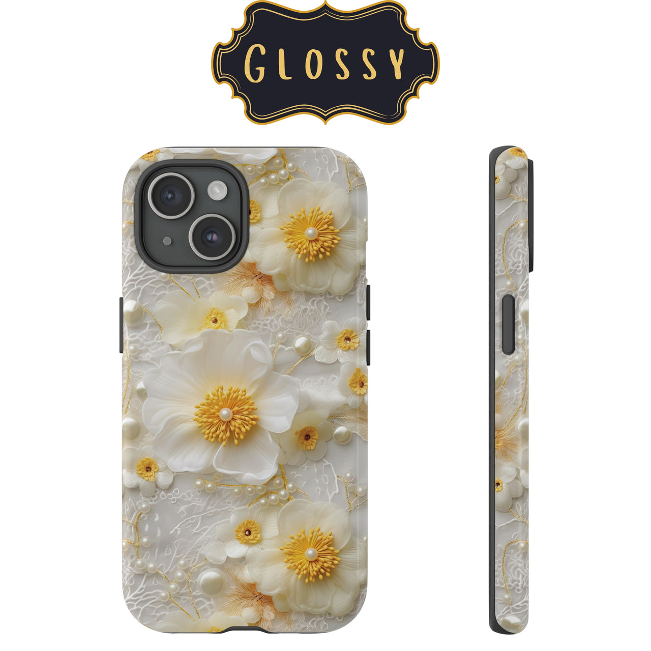 White and Yellow Floral Impact-Resistant Cases for Samsung Galaxy S22, Samsung Galaxy S22 Plus, and Samsung Galaxy S22 Ultra. Supports Wireless Charging.