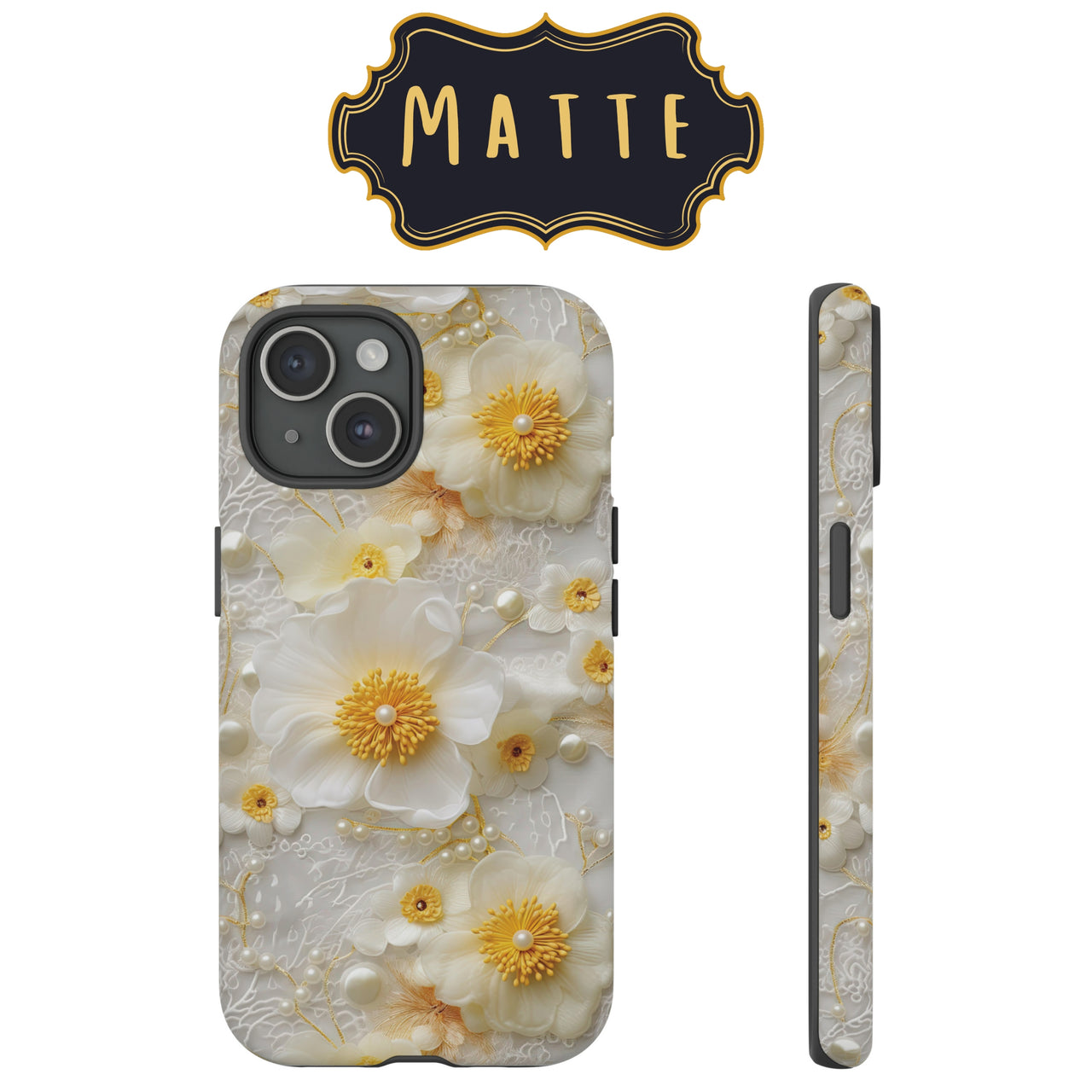 Yellow and White Floral Impact-Resistant Cases for iPhone 12, iPhone 12 Mini, iPhone 12 Pro, and iPhone 12 Pro Max. Supports Wireless Charging.