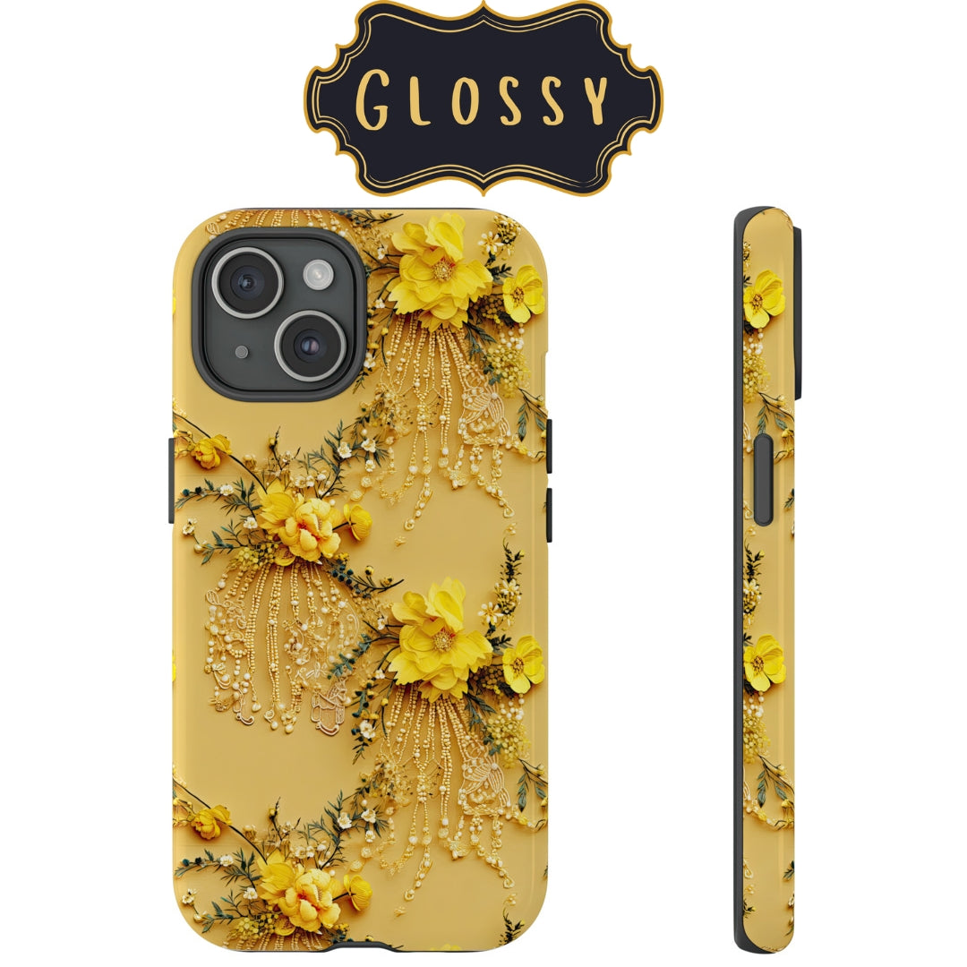 Floral Sunshine Impact-Resistant Case for Samsung Galaxy S22, Samsung Galaxy S22 Plus, and Samsung Galaxy S22 Ultra. Supports Wireless Charging.