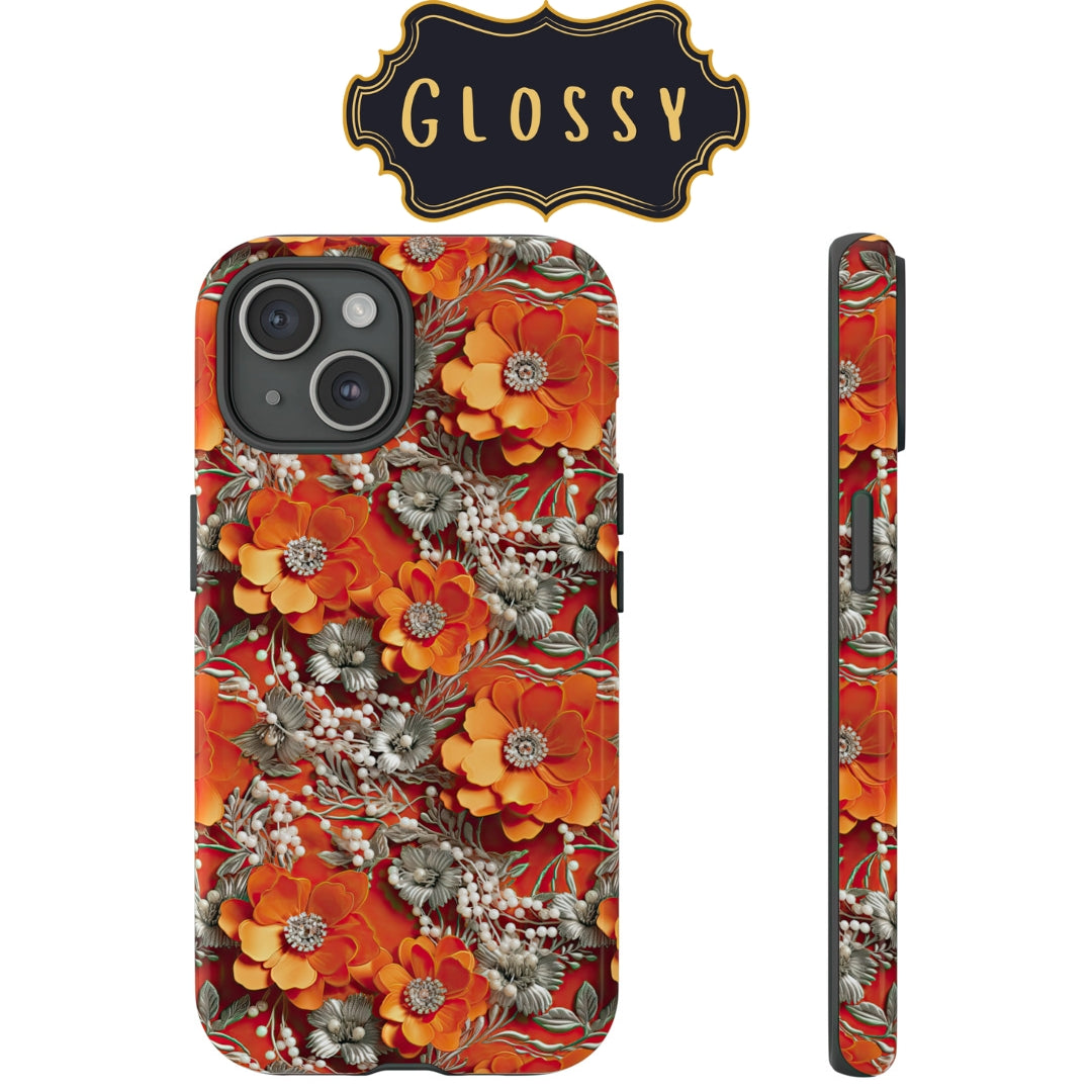 Orange Petals in Silver Tapestry Impact-Resistant Case for Samsung Galaxy S22, Samsung Galaxy S22 Plus, and Samsung Galaxy S22 Ultra. Supports Wireless Charging.