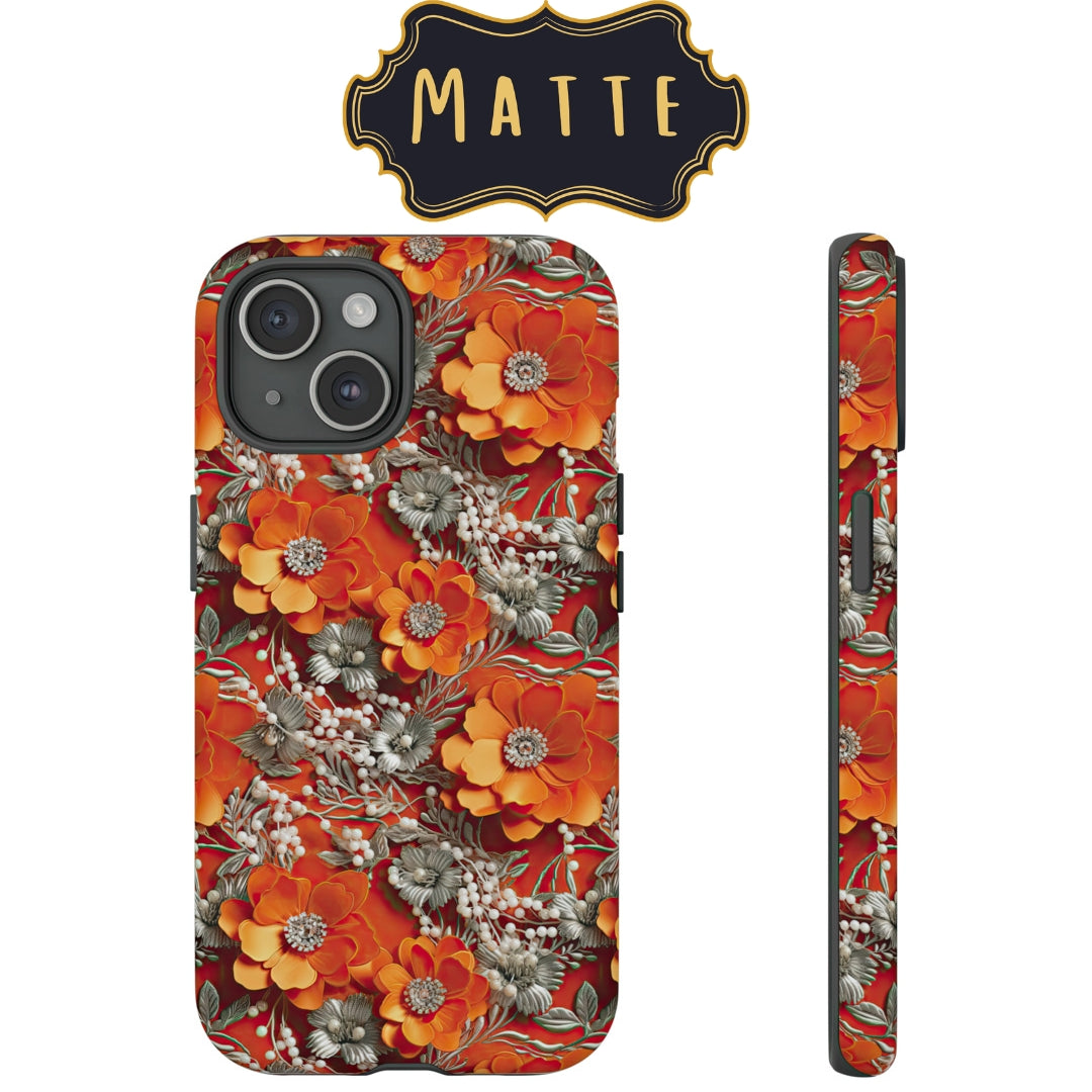 Orange Petals in Silver Tapestry Impact-Resistant Case for Samsung Galaxy S21, Samsung Galaxy S21 Plus, and Samsung Galaxy S21 Ultra. Supports Wireless Charging.