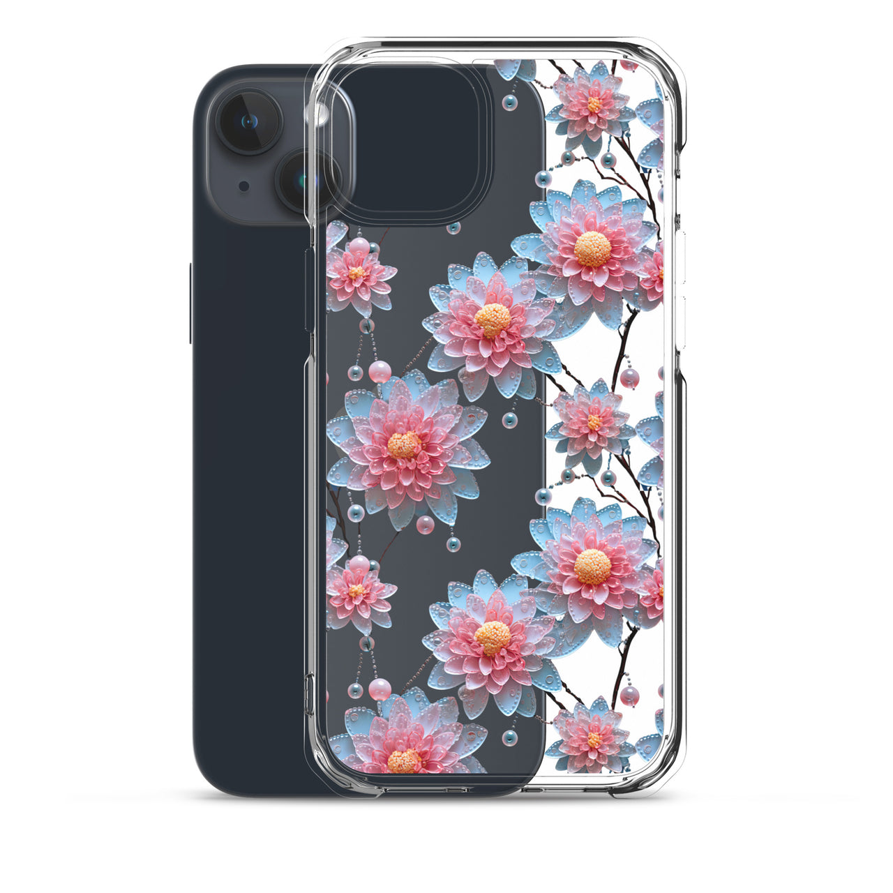 *Clear Case* Pink and Blue Glass Flowers - iPhone 15, iPhone 15 Pro, iPhone 15 Plus, & iPhone 15 Pro Max