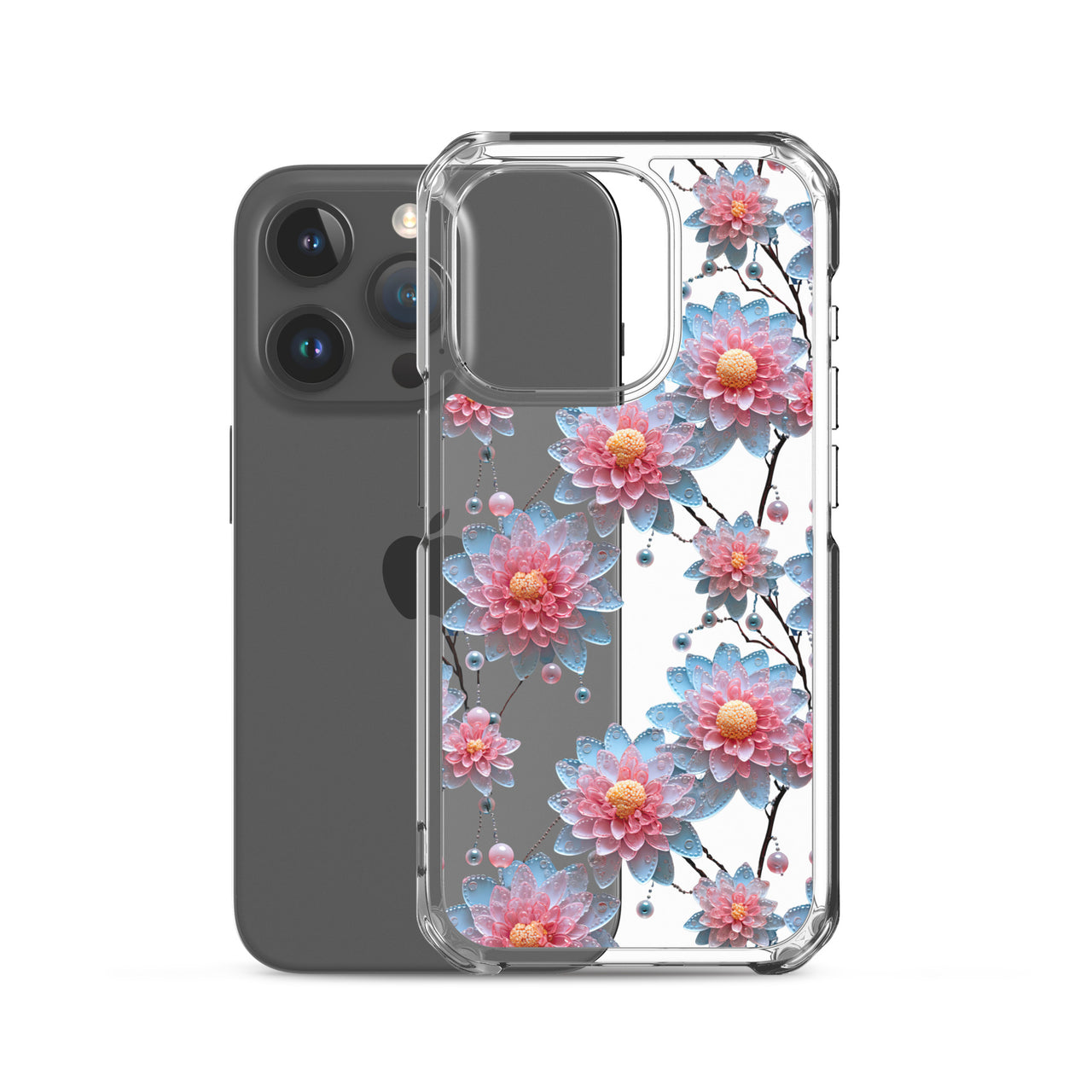 *Clear Case* Pink and Blue Glass Flowers - iPhone 15, iPhone 15 Pro, iPhone 15 Plus, & iPhone 15 Pro Max