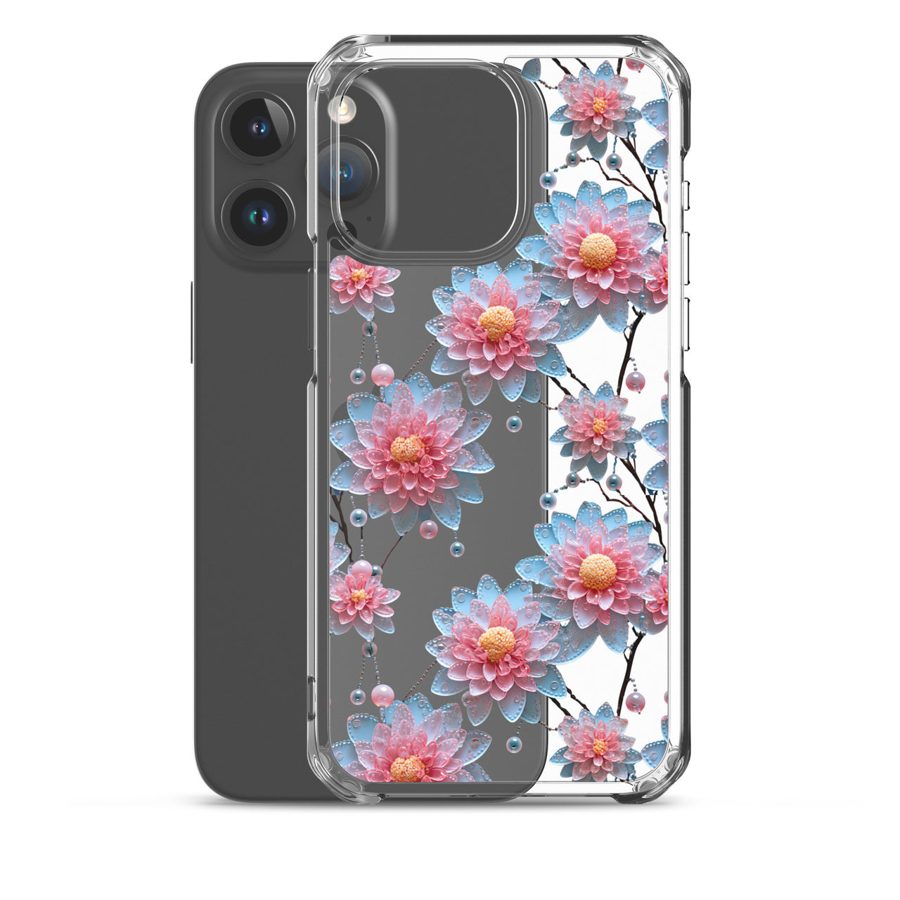 *Clear Case* Pink and Blue Glass Flowers - iPhone 15, iPhone 15 Pro, iPhone 15 Plus, & iPhone 15 Pro Max